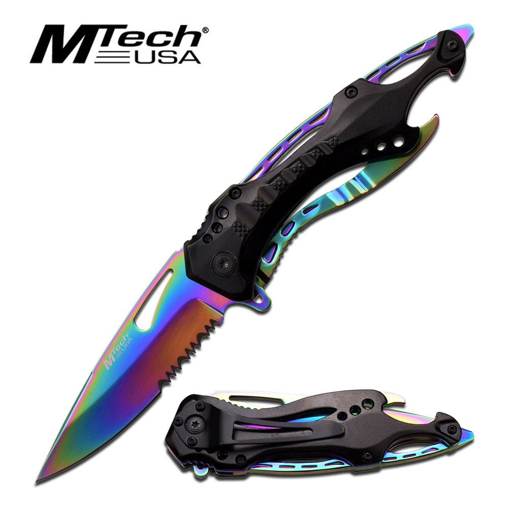 Mtech USA Tactical Folding KNIFE - Titanium Coated Rainbow Blade